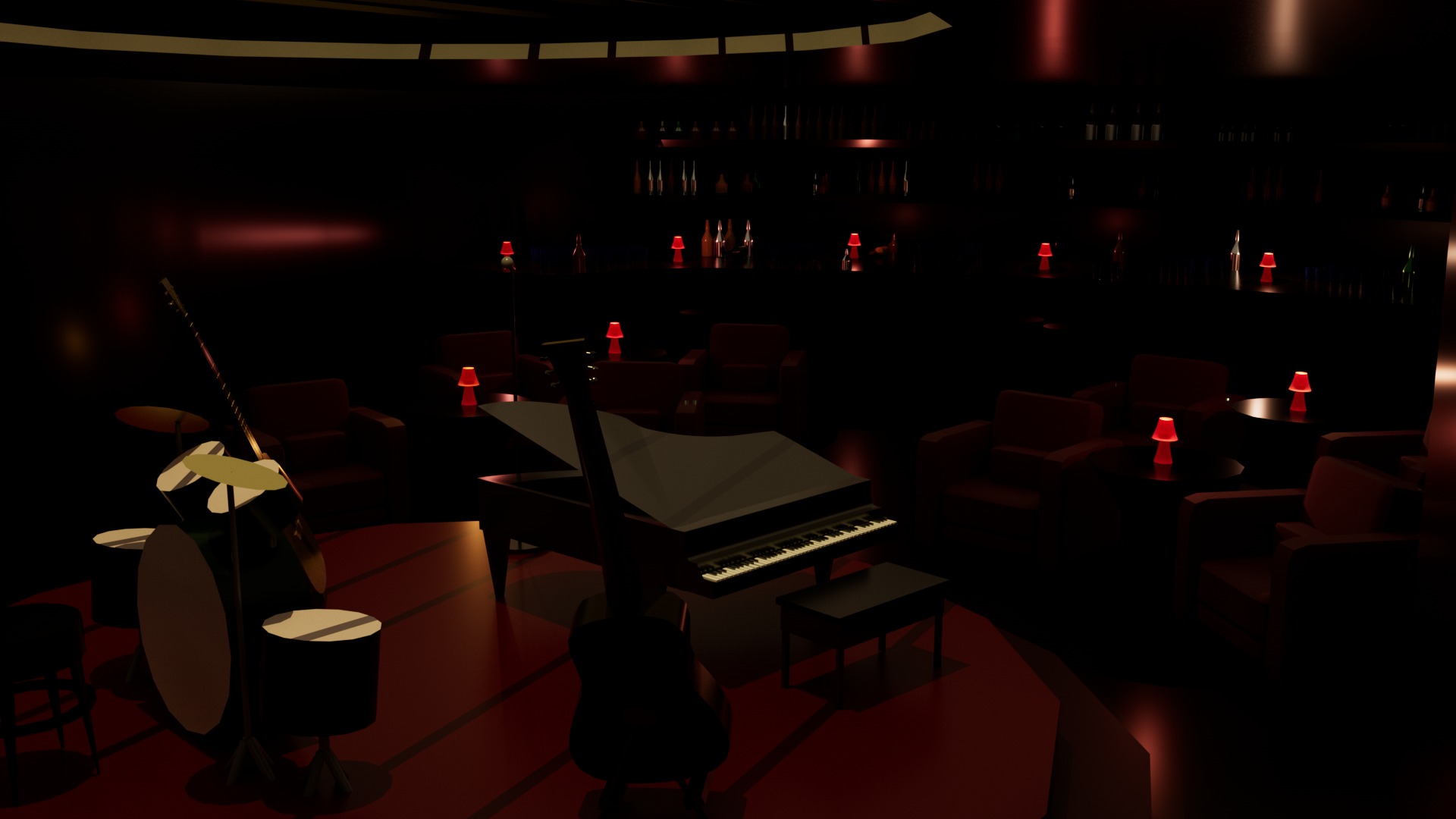 Cinema 4D jazz bar — final render with lighting and textures